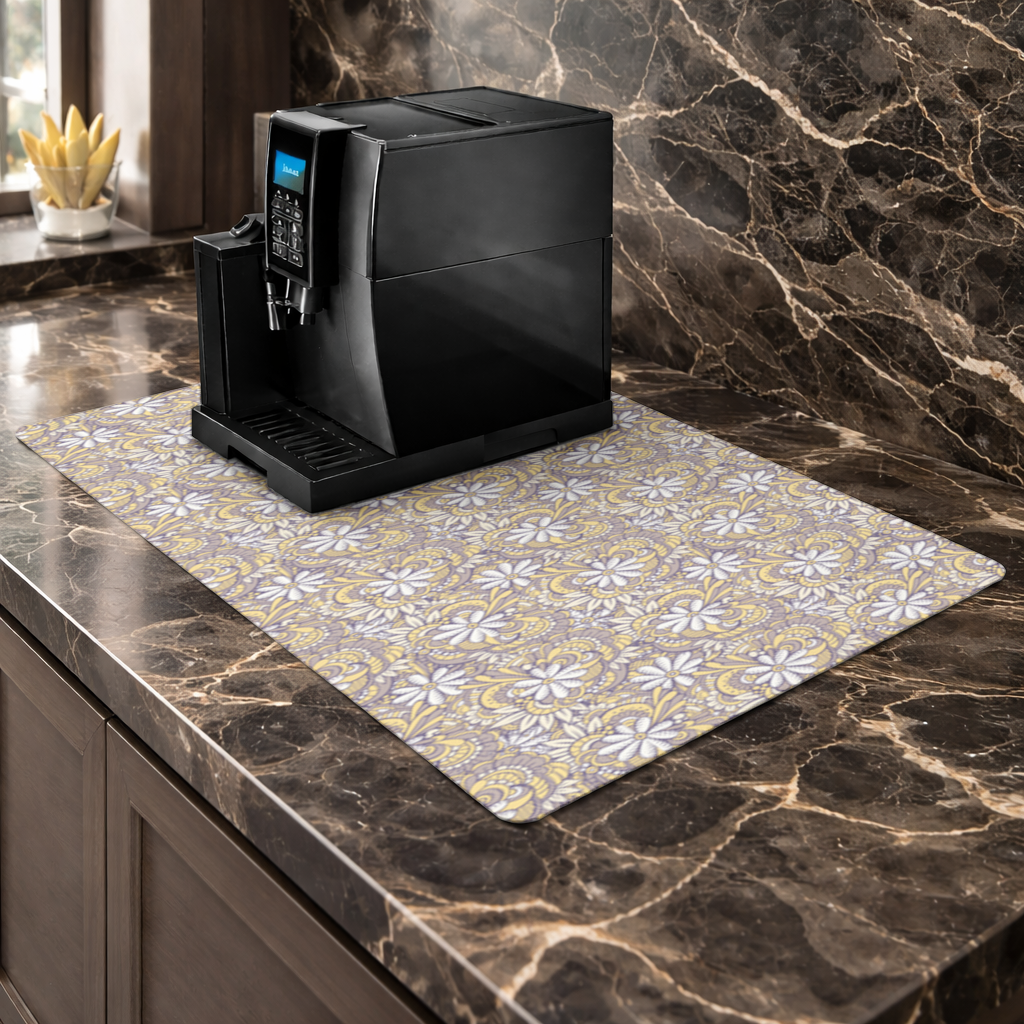 Retro Floral Doodle and Mandala Pattern Coffee Machine Base Mat