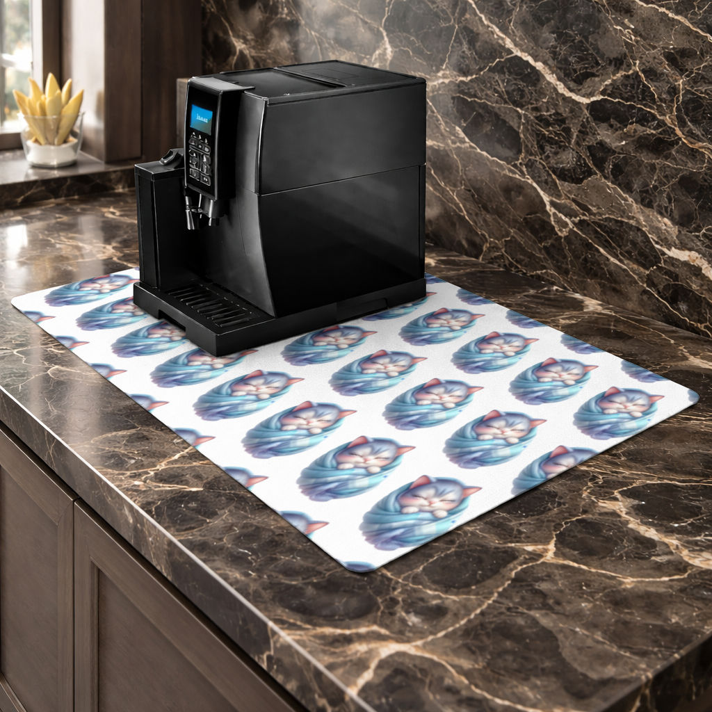 Kawaii Sleeping Kitten in Blue Swaddle Coffee Machine Base Mat
