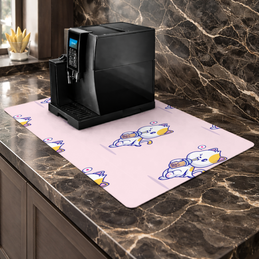 Kawaii Cat Drinking Boba Tea Coffee Machine Base Mat