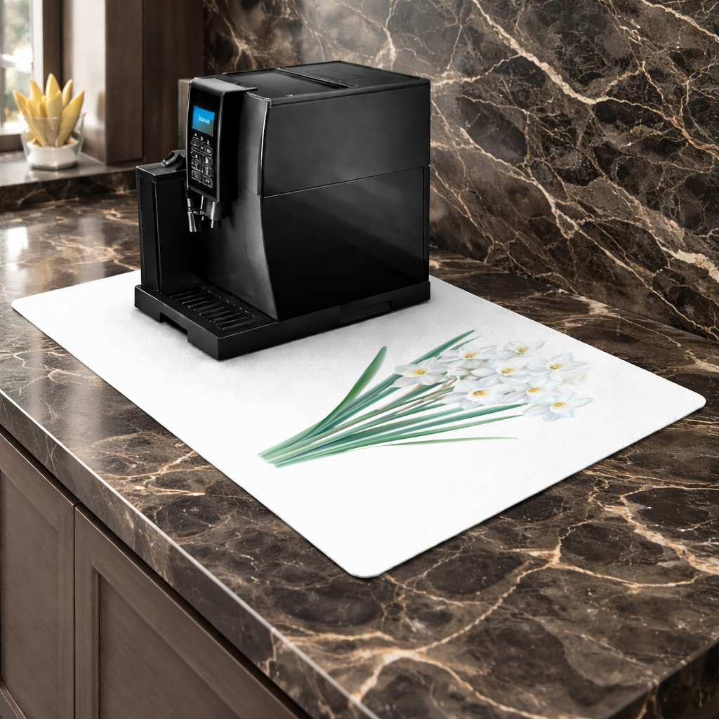 White Daffodil Bouquet Botanical Coffee Machine Base Mat