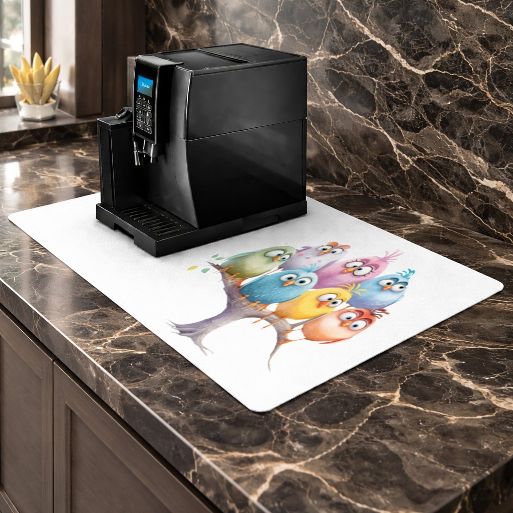 Whimsical Colorful Birds on Branch Coffee Machine Base Mat