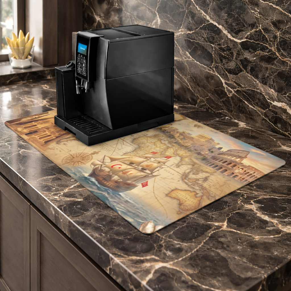 Retro World Map with Ancient Ruins Concept Coffee Machine Base Mat