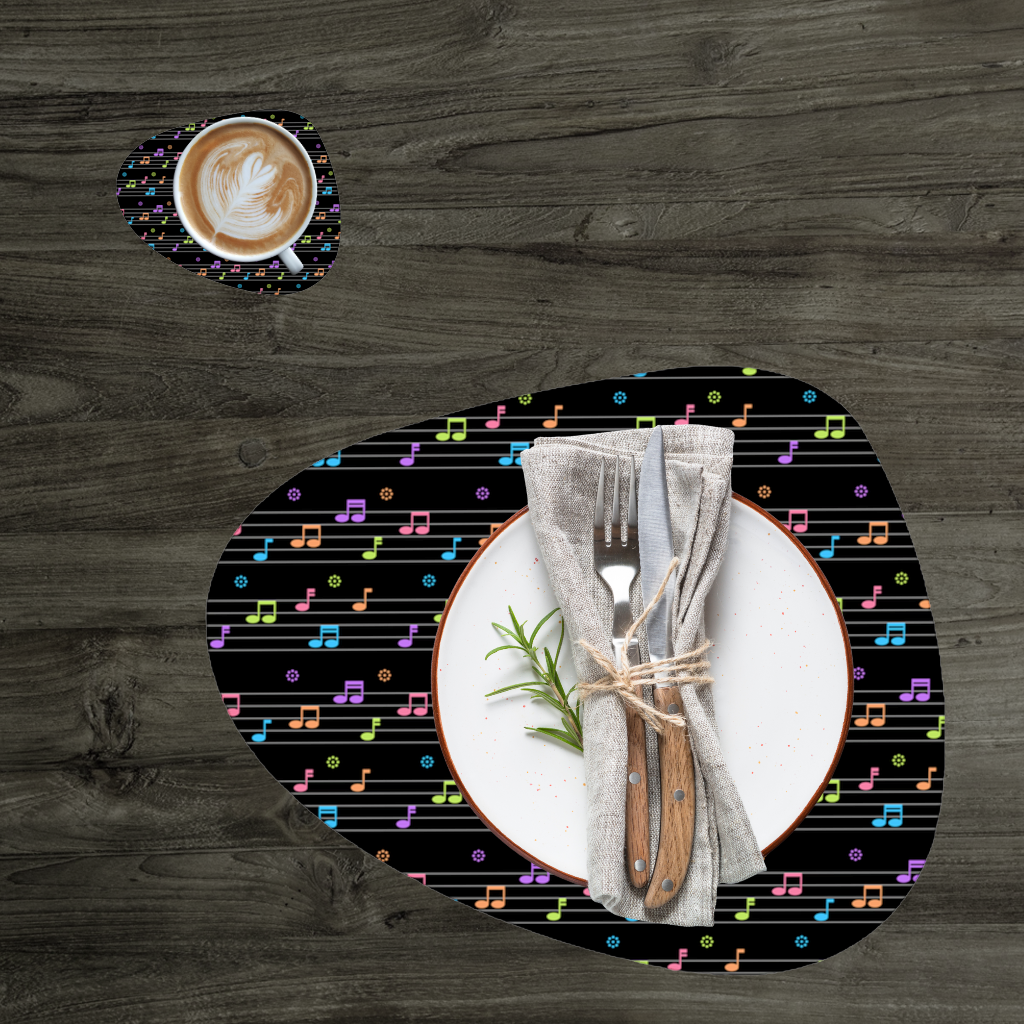 Neon Renkli Müzik Notaları ve Ritim Desenli Modern Tasarım Servis Tabağı Altlığı (12 Adet)