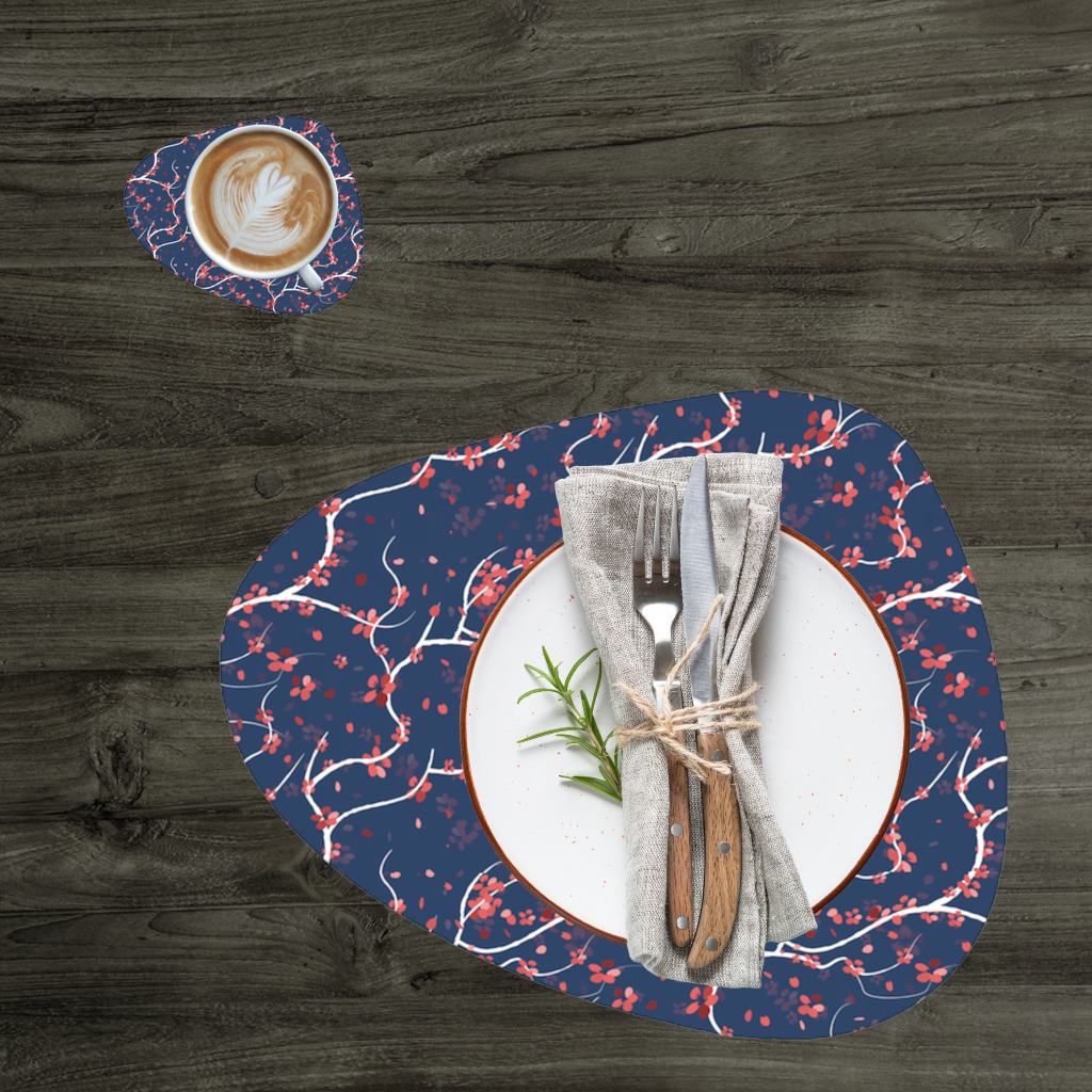 Red Floral Branch Pattern on Navy Background Charger Plate Set 12 Pieces