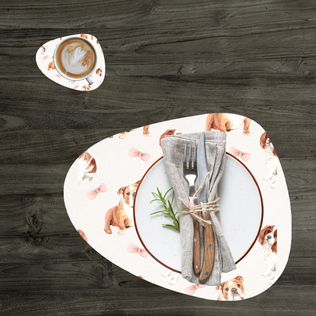 Watercolor English Bulldog and Cavalier Puppy Pattern Charger Plate Set 12 Pieces