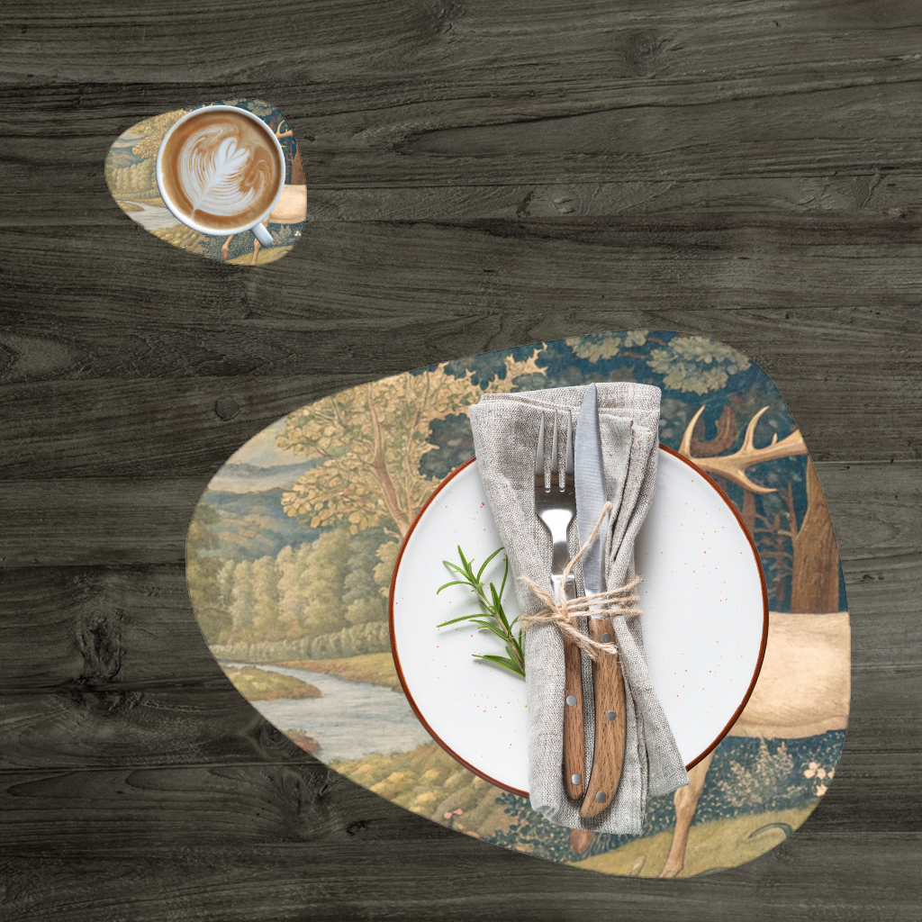 Noble Deer in Forest Landscape Classic Art Illustration Charger Plate Set  12 Pieces