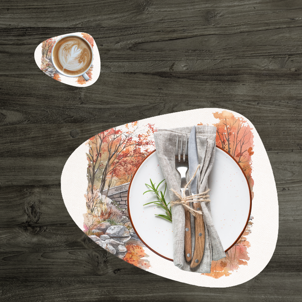 Autumn Stone Arch Bridge Over River Charger Plate Set 12 Pieces