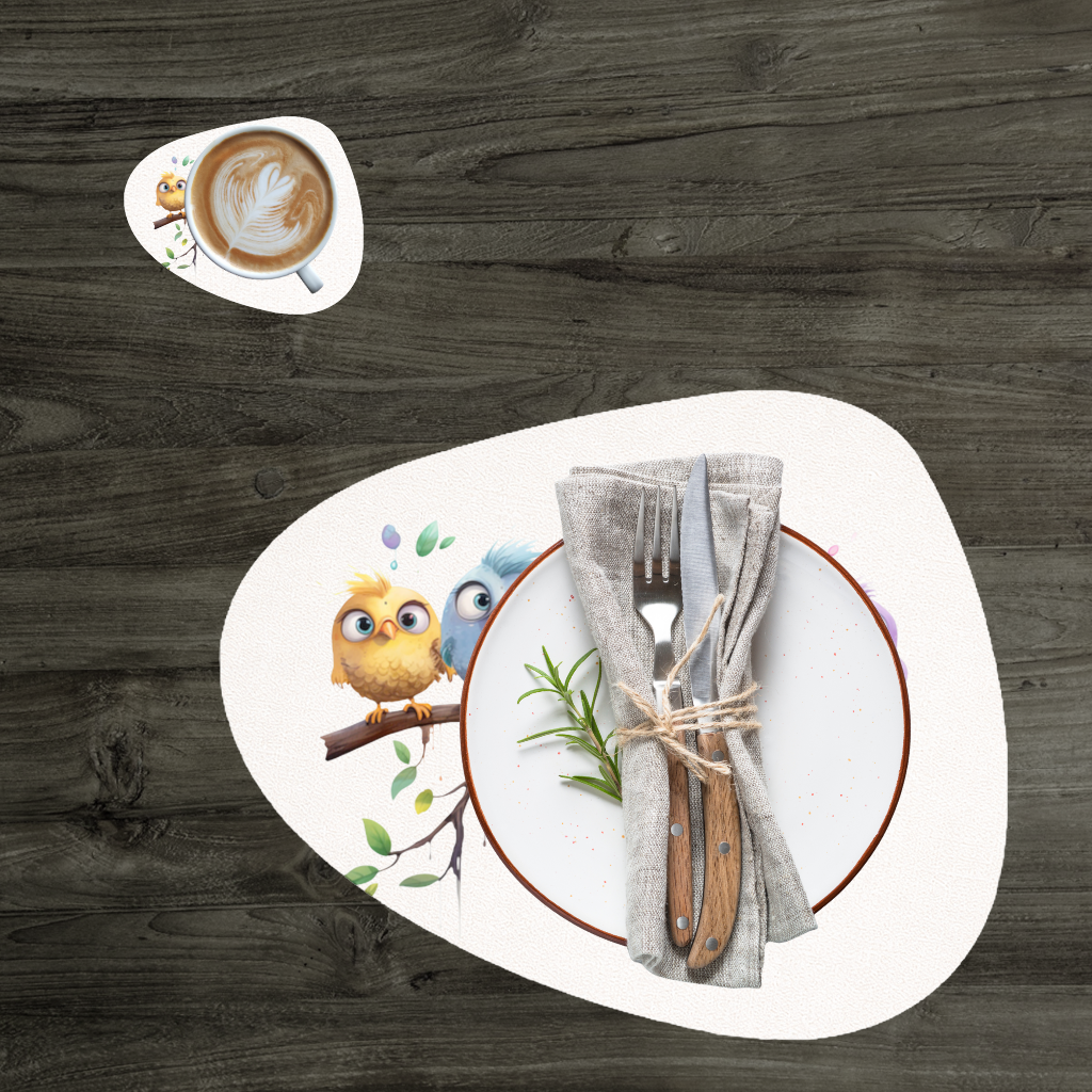Five Colorful Kawaii Birds on Branch Charger Plate Set  12 Pieces