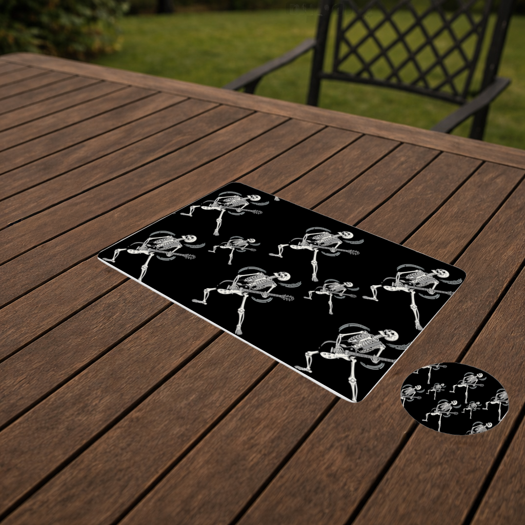 Rock Guitar Playing Skeleton Pattern on Black Charger Plate Set 12 Pieces