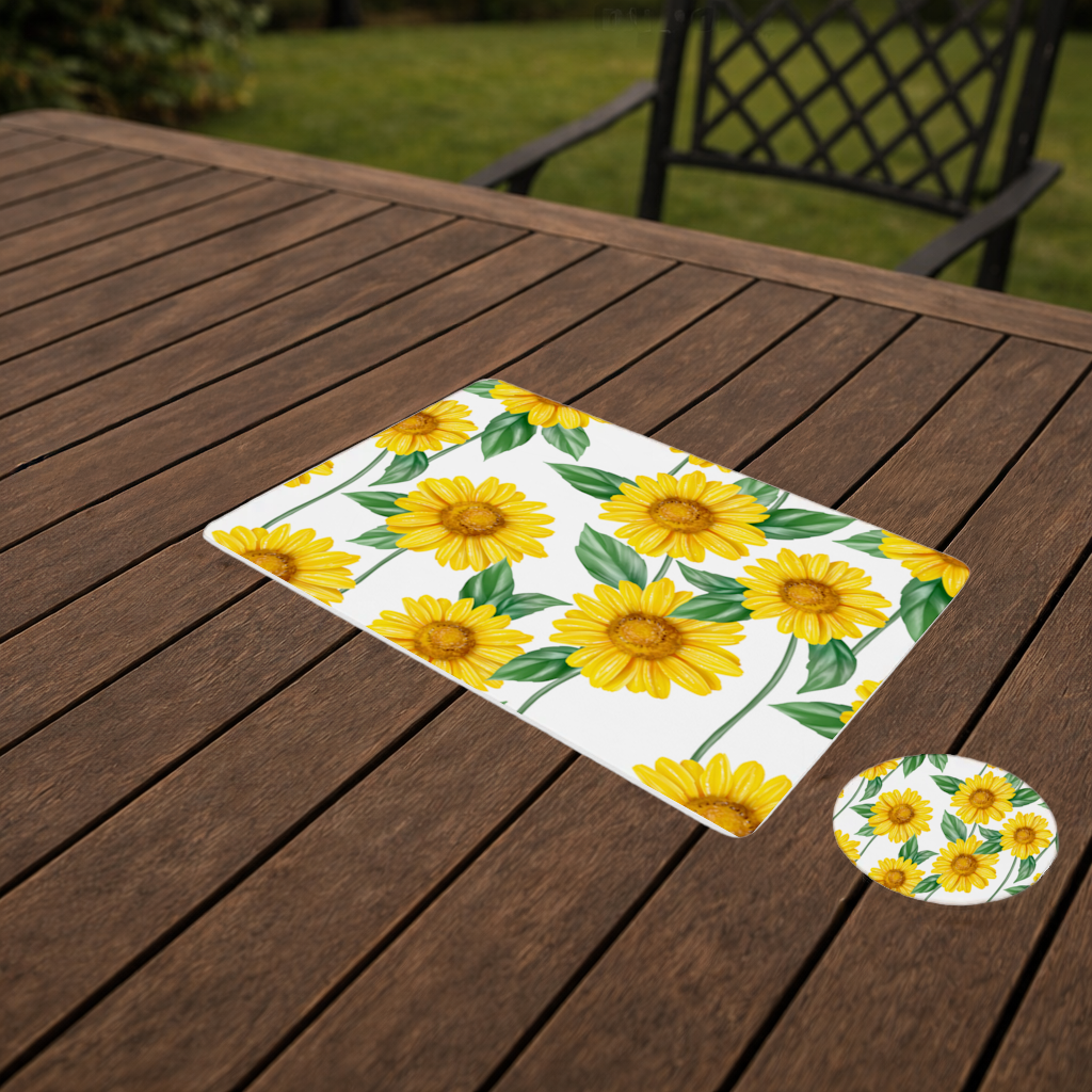 Vibrant Yellow Sunflower and Green Leaf Pattern Illustration Charger Plate Set  12 Pieces