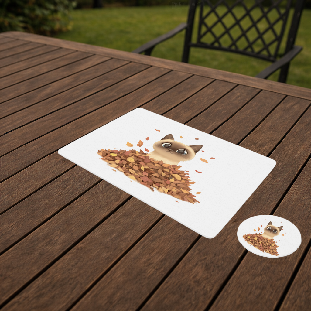 Siamese Cat in Autumn Leaf Pile Charger Plate Set  12 Pieces