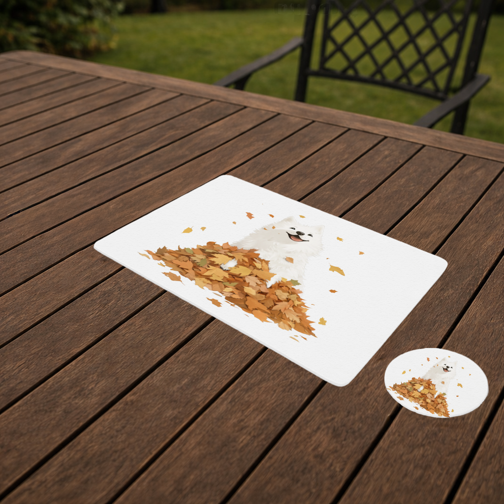 Happy White Dog in Autumn Leaves Charger Plate Set 12 Pieces