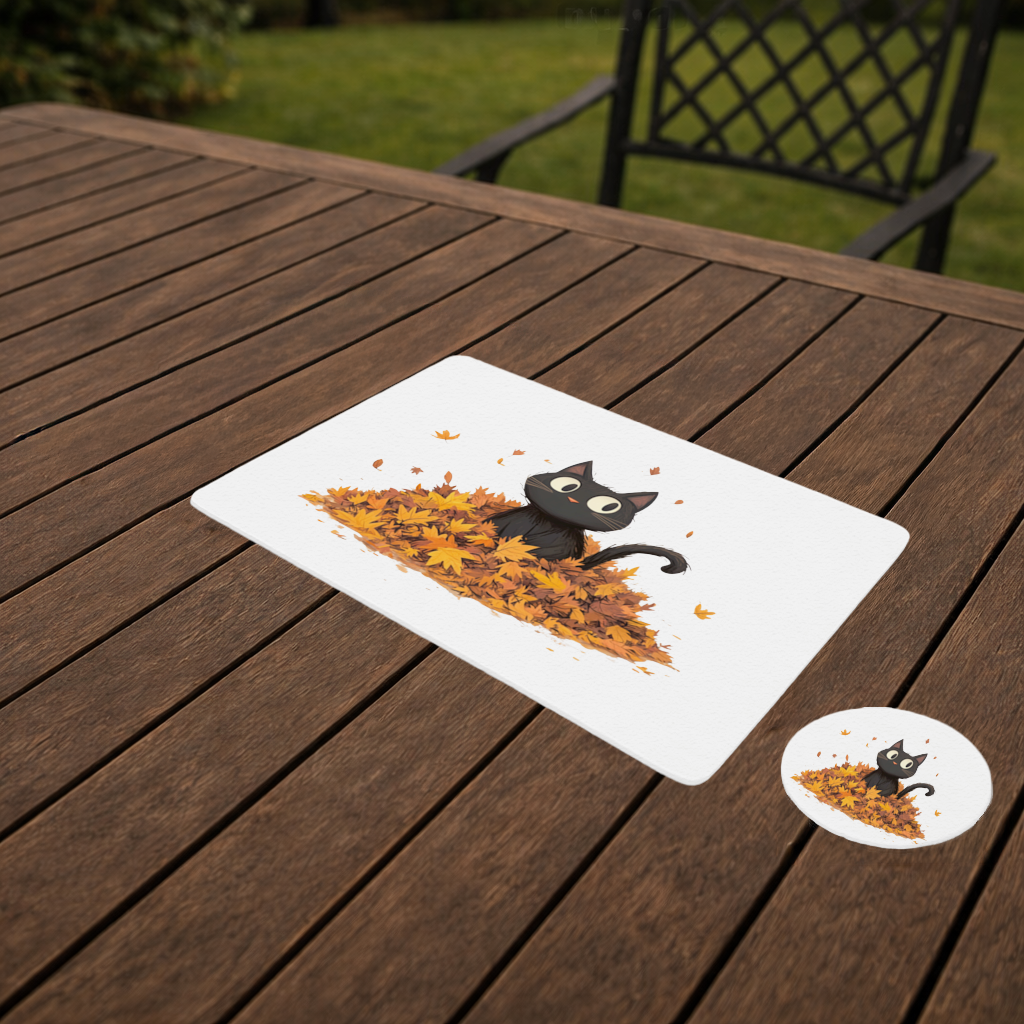 Cute Black Cat in Autumn Leaves Charger Plate Set 12 Pieces