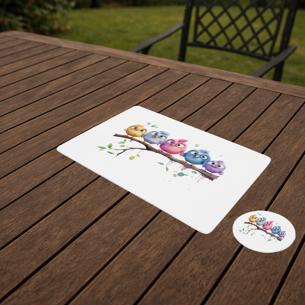 Five Colorful Kawaii Birds on Branch Charger Plate Set 12 Pieces