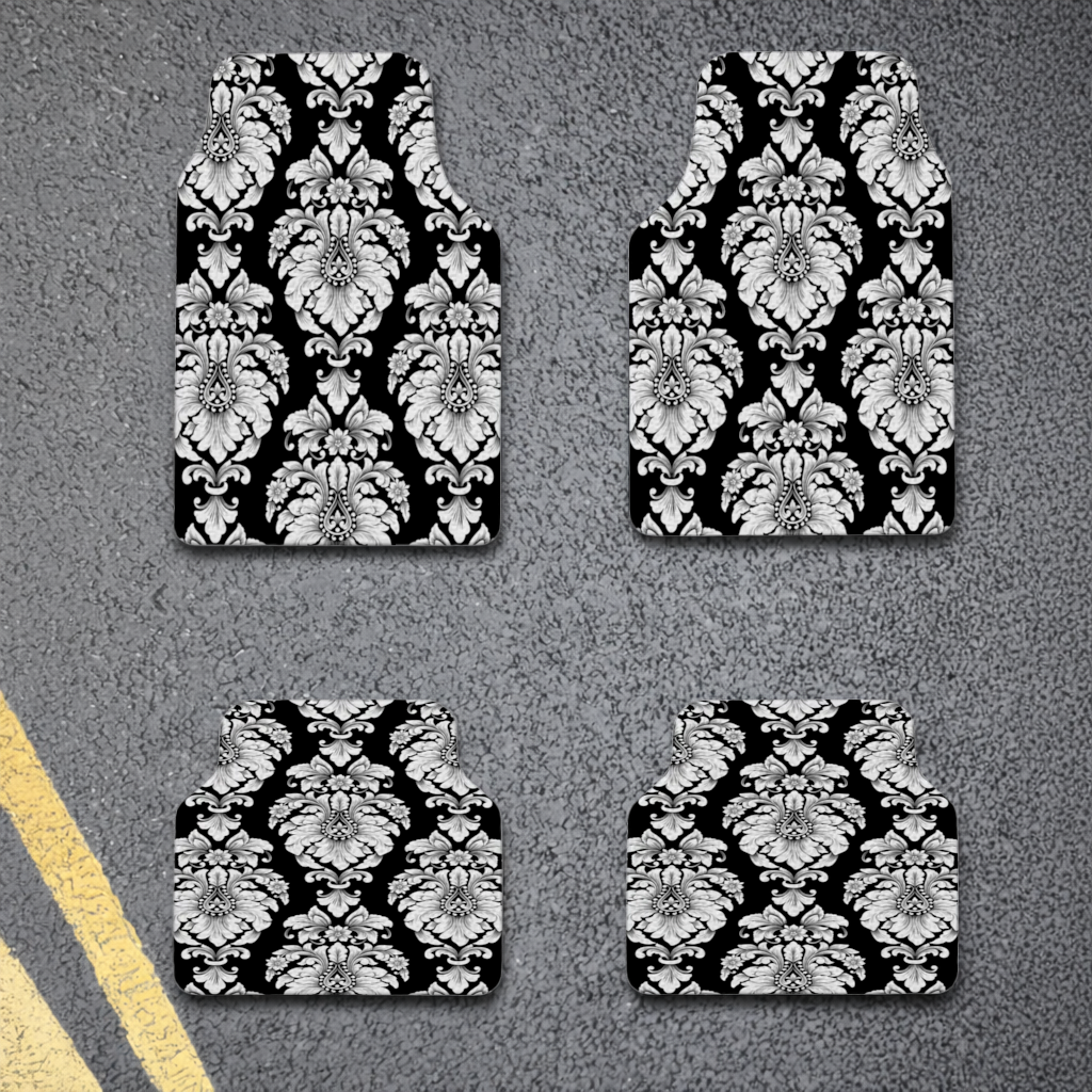 Black and White Baroque Floral Pattern Car Floor Mats