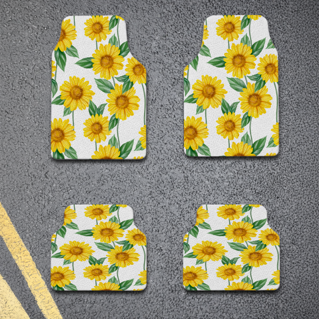 Vibrant Yellow Sunflower and Green Leaf Pattern Illustration Car Floor Mats