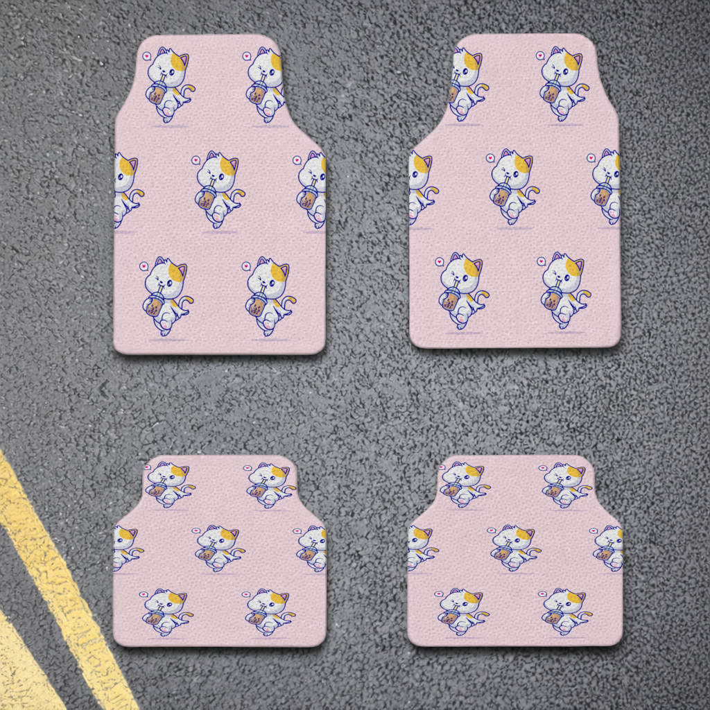 Kawaii Cat Drinking Boba Tea Car Floor Mats