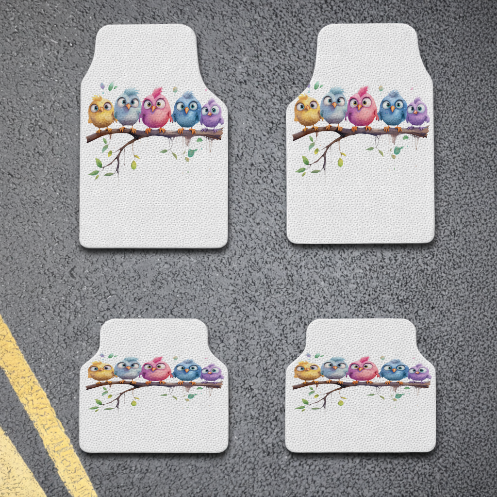 Five Colorful Kawaii Birds on Branch Car Floor Mats