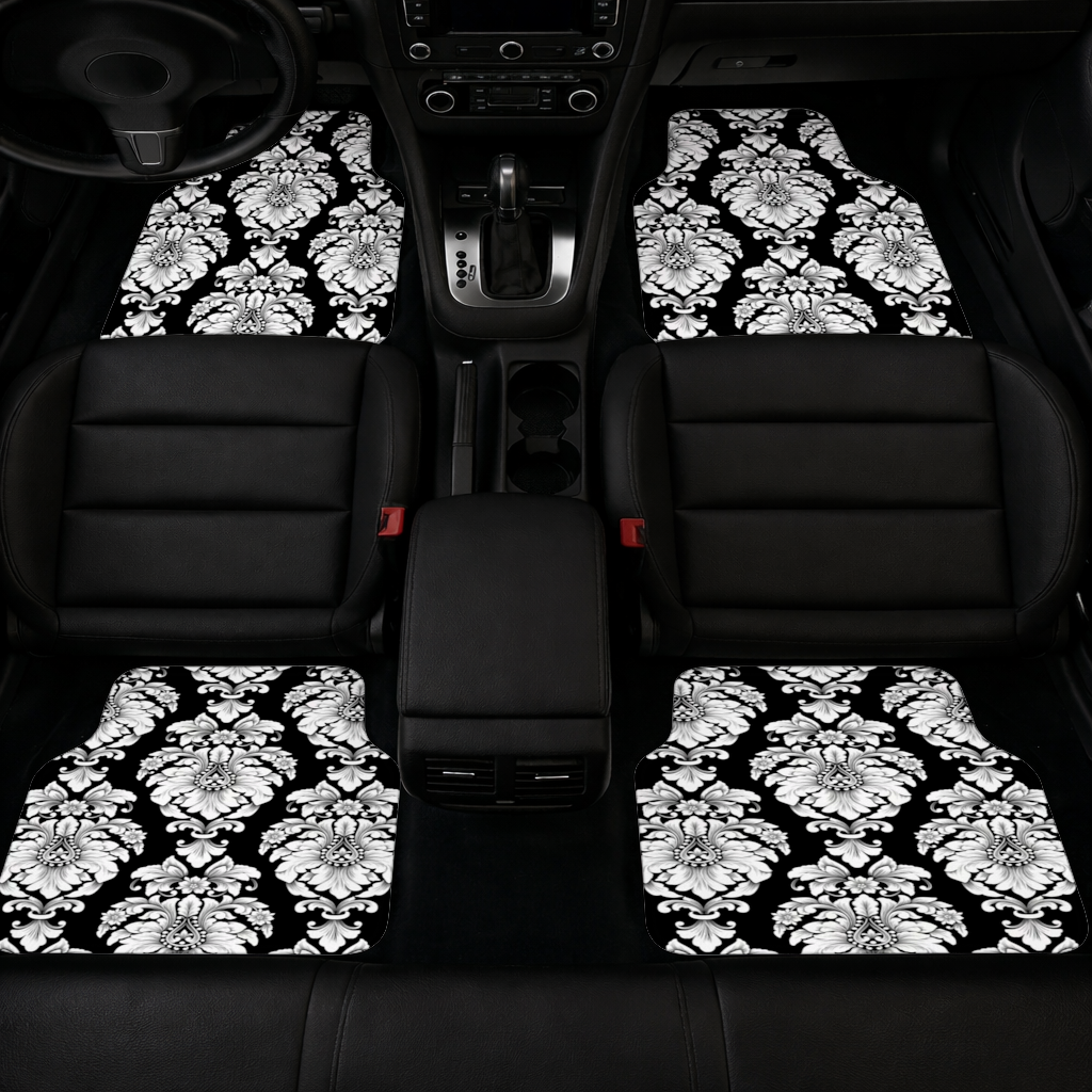 Black and White Baroque Floral Pattern Car Floor Mats