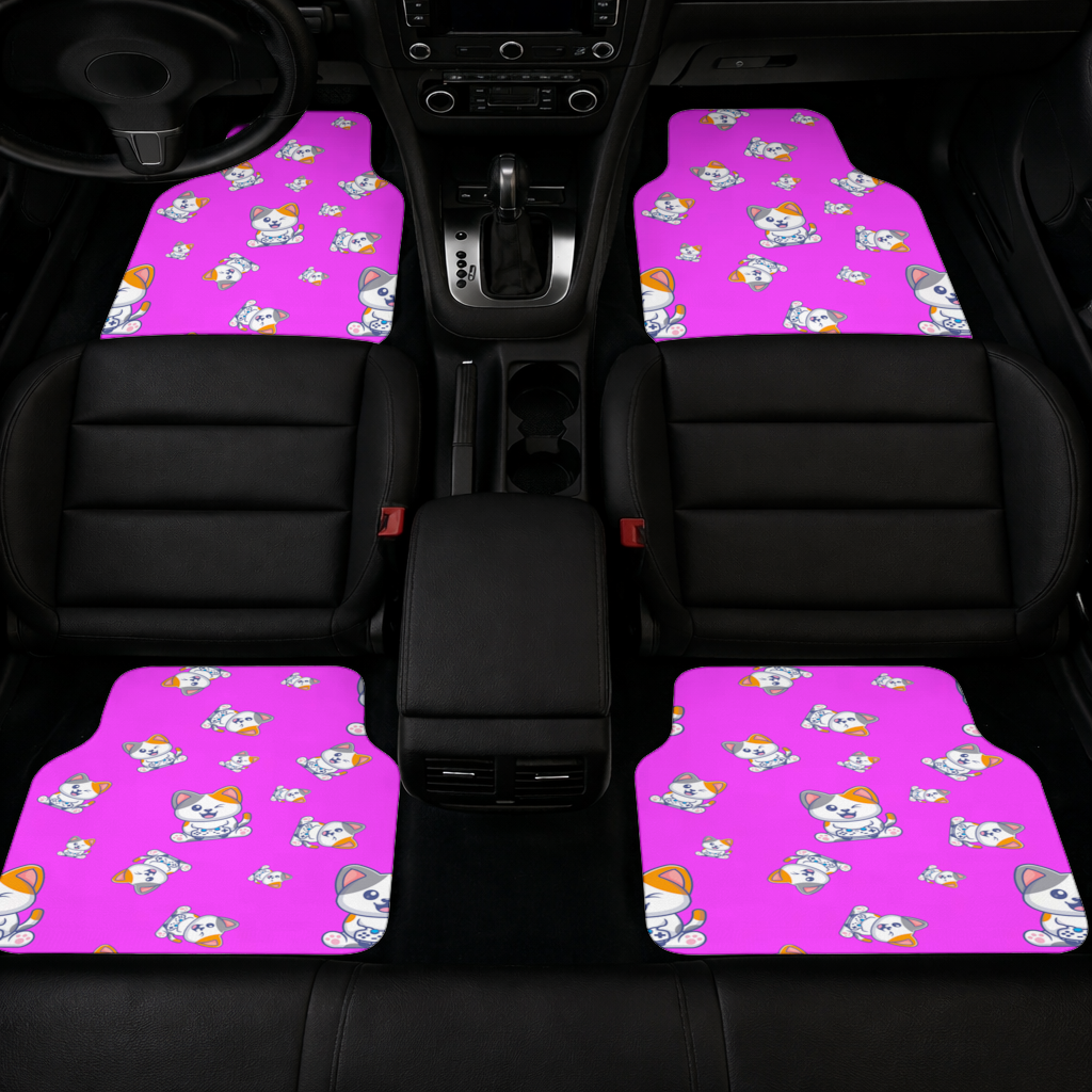 Pembe Zemin Üzerinde Sevimli Çizgi Kedi Deseni Oto Paspası (4 Adet)