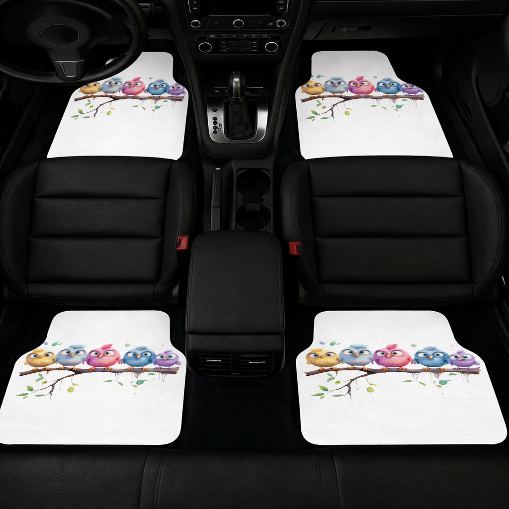 Five Colorful Kawaii Birds on Branch Car Floor Mats