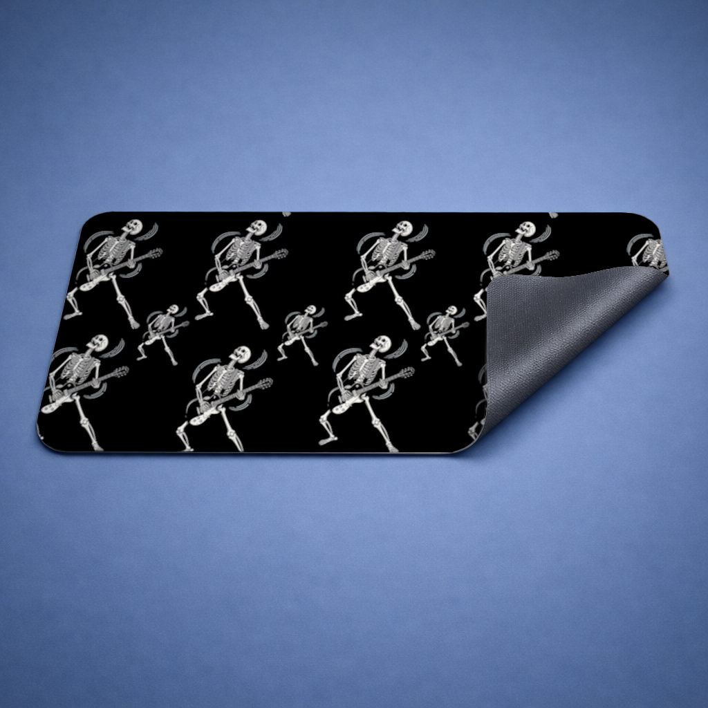 Rock Guitar Playing Skeleton Pattern on Black Mouse Pad