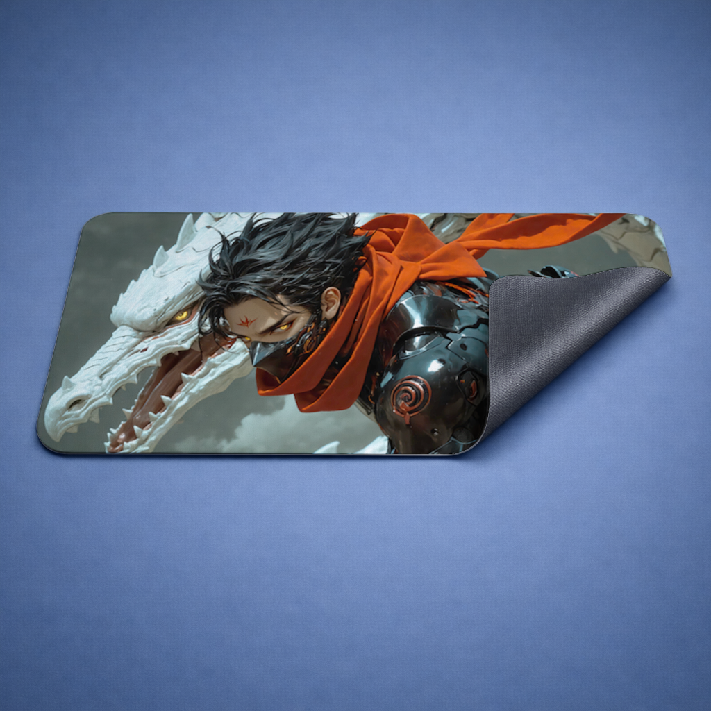 Dark Anime Warrior with Red Cloak and Dragon Mouse Pad