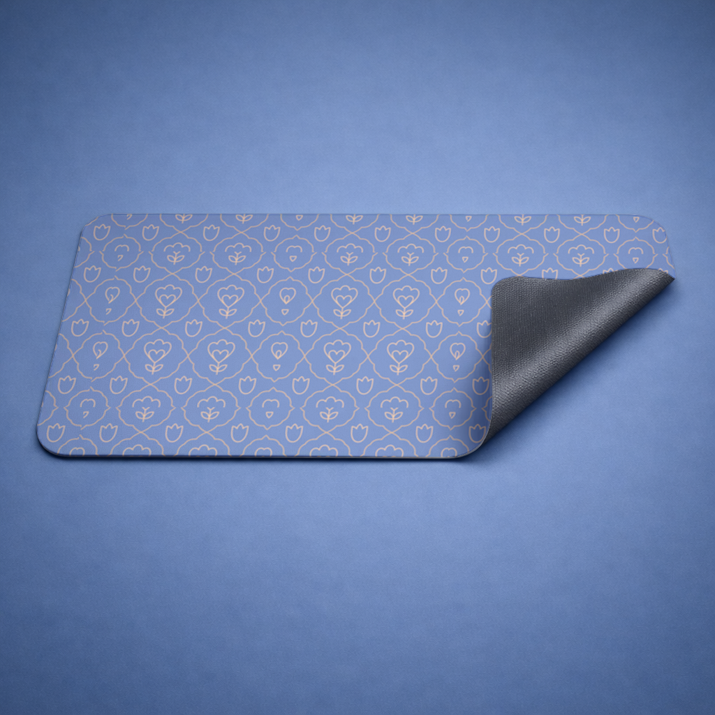 Orange Linear Floral Pattern on Blue Mouse Pad