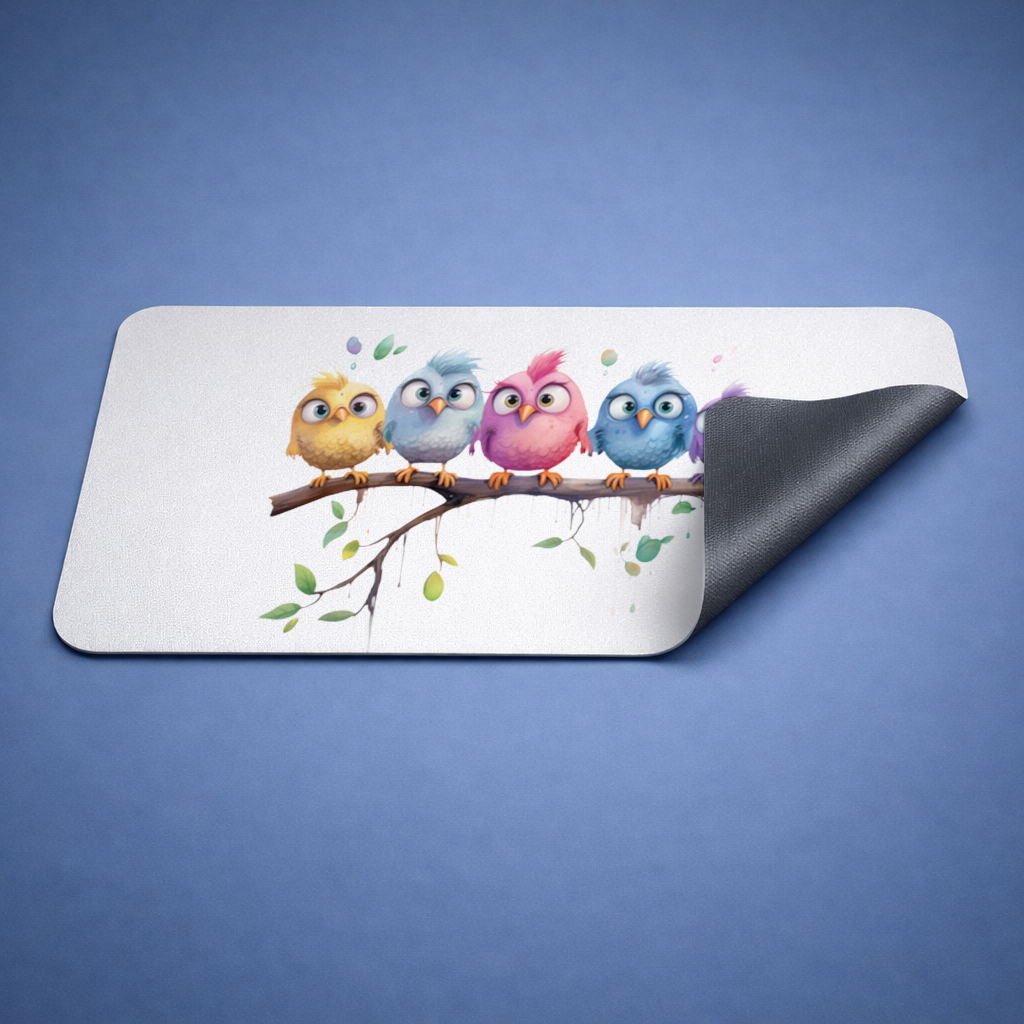 Five Colorful Kawaii Birds on Branch Mouse Pad