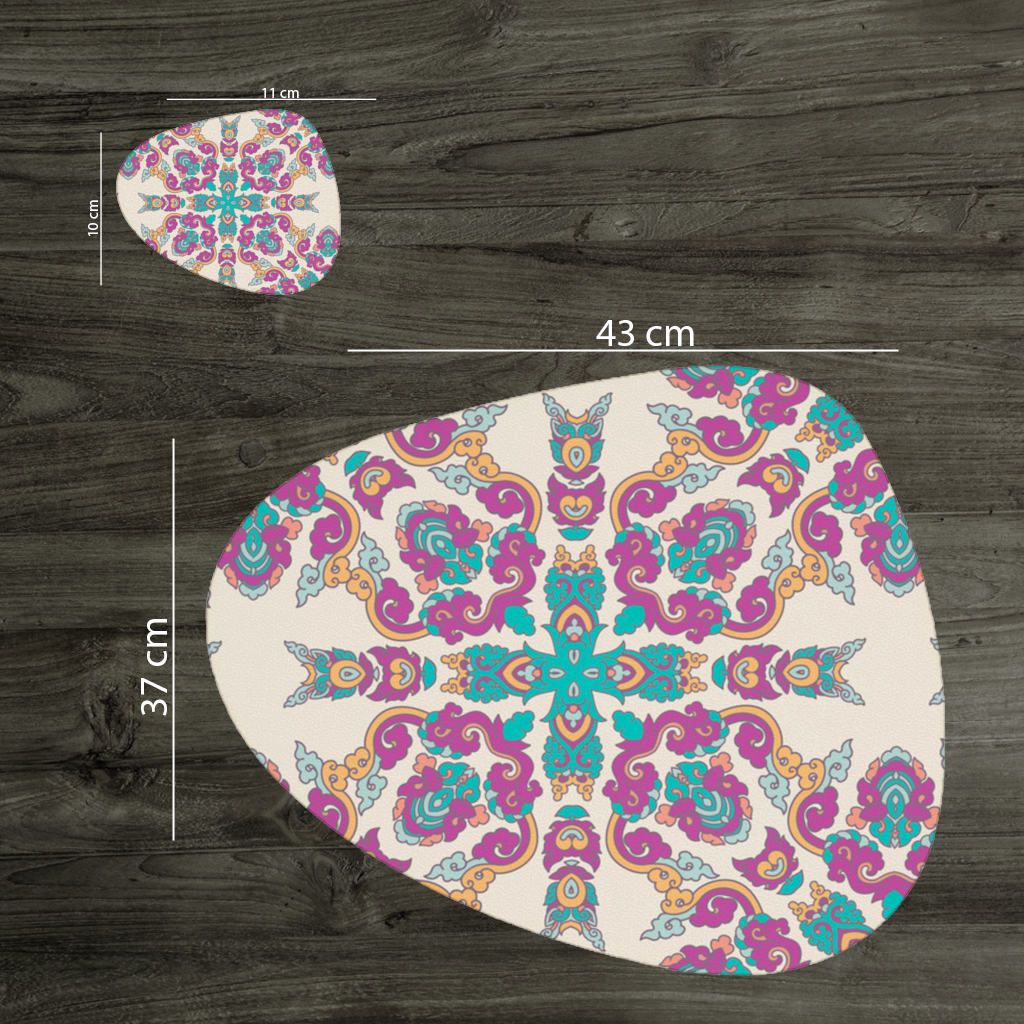 Renkli Oryantal Motifli Simetrik Mandala Deseni Servis Tabağı Altlığı (12 Adet)