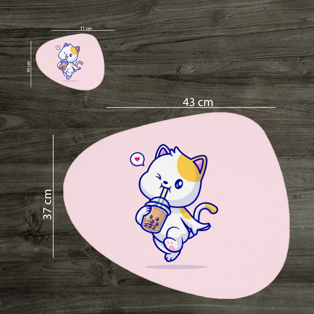 Boba Çayı İçen Kawaii Kedi Servis Tabağı Altlığı (12 Adet)