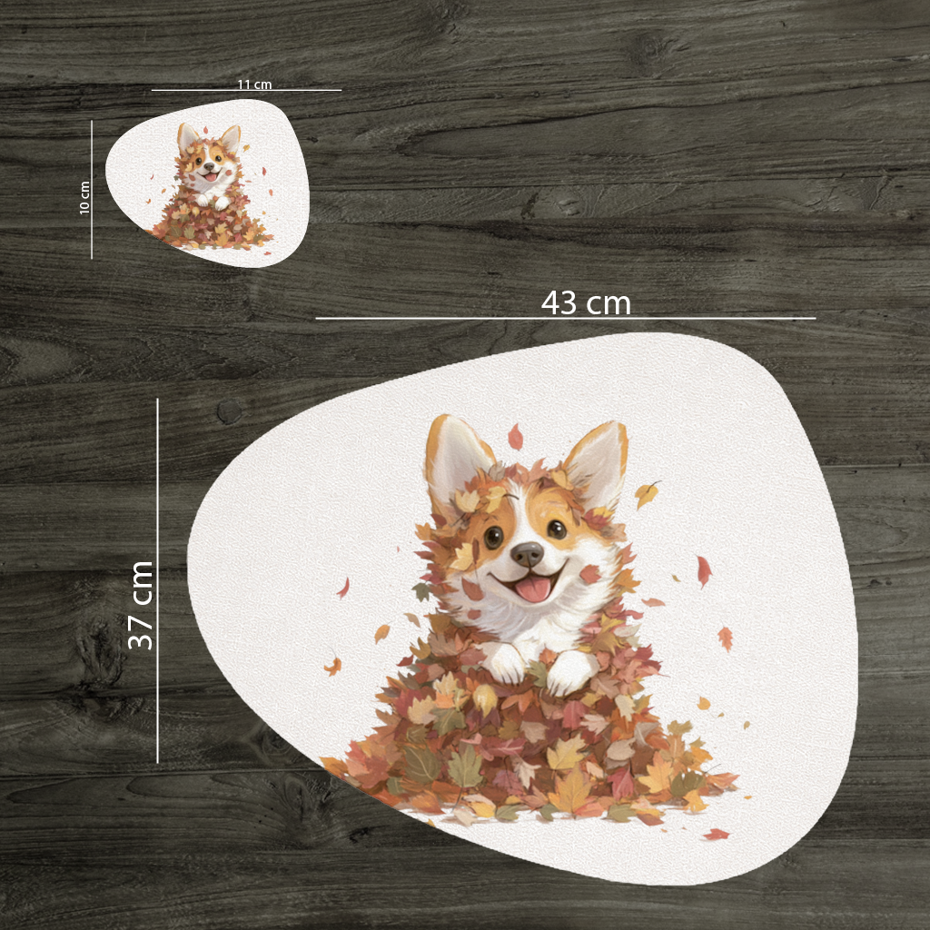 Sonbahar Yaprakları İçinde Mutlu Corgi Servis Tabağı Altlığı (12 Adet)