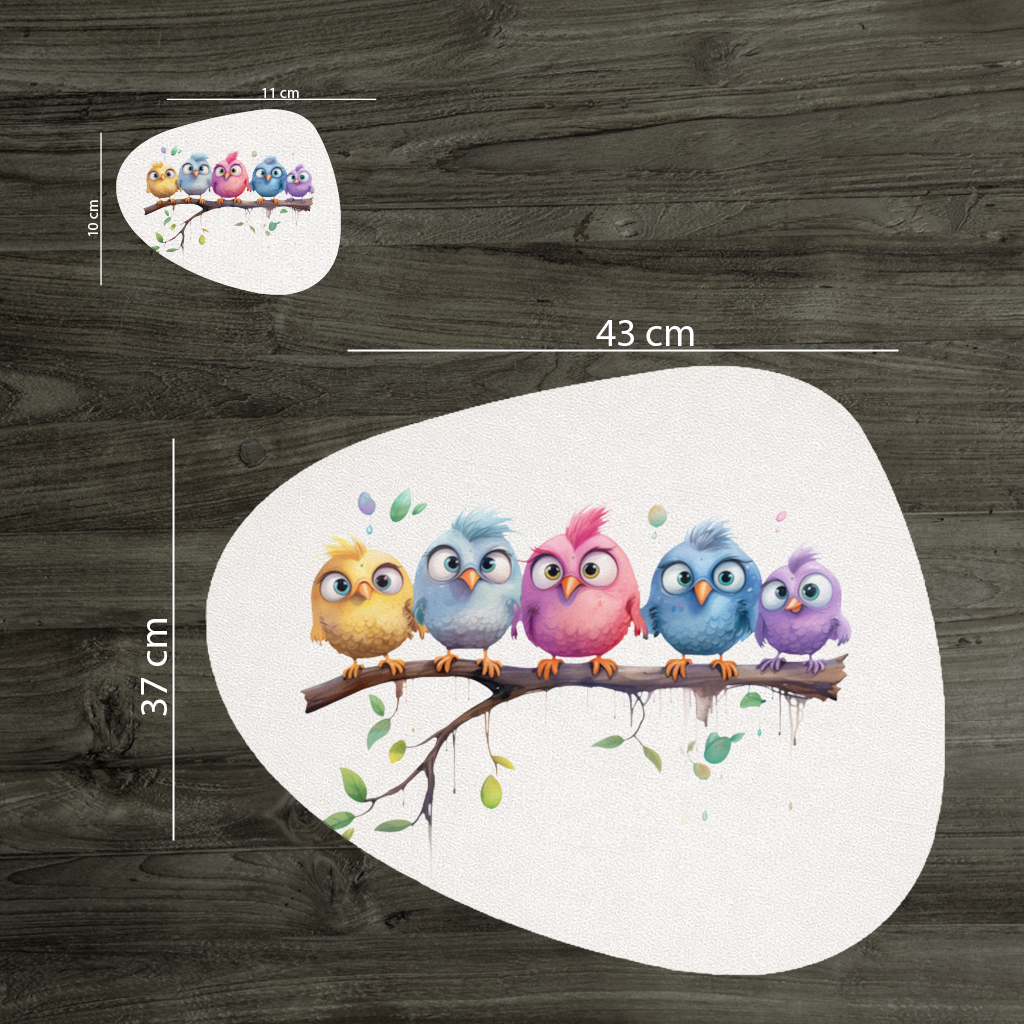 Five Colorful Kawaii Birds on Branch Charger Plate Set 12 Pieces