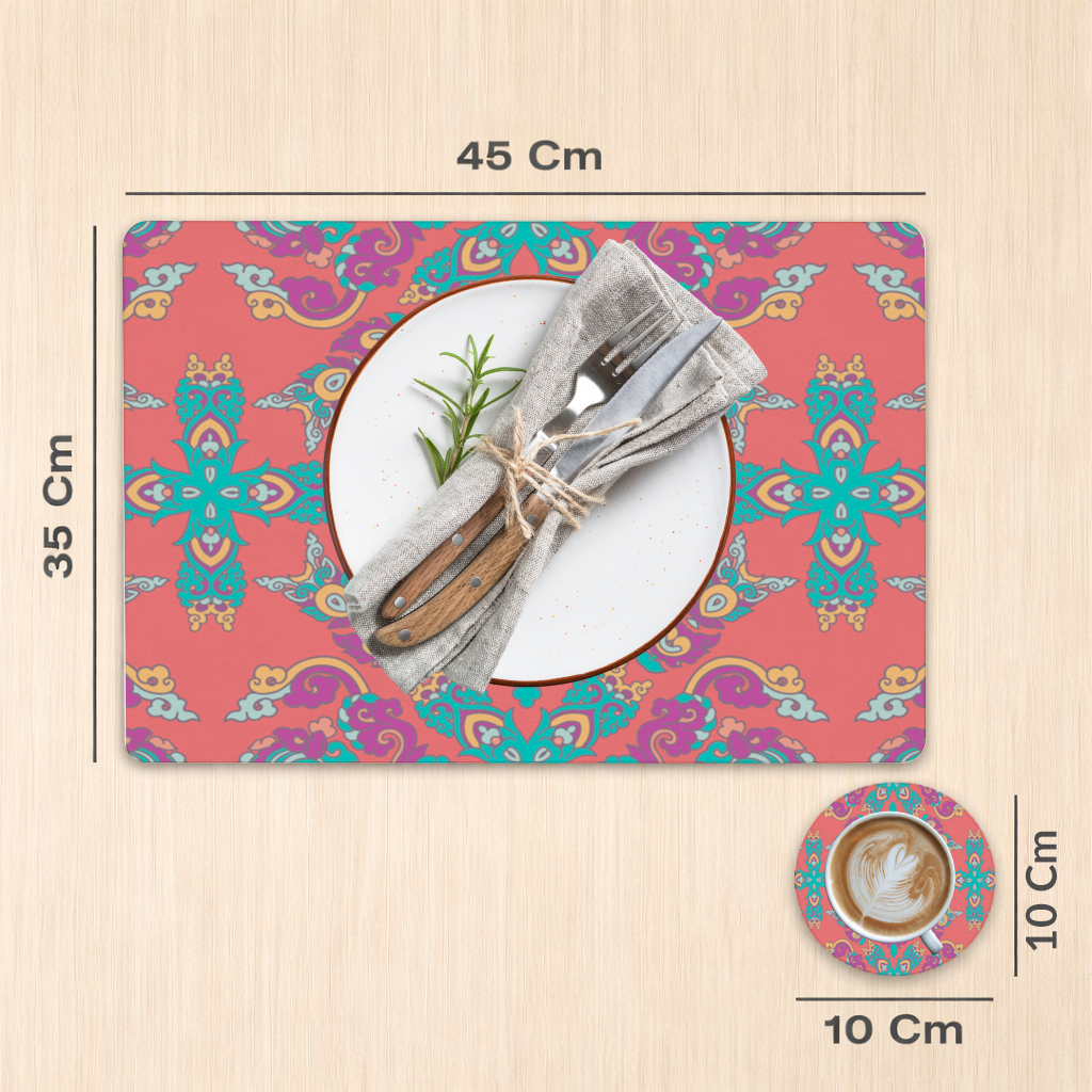 Canlı Kırmızı Zeminli Oryantal Mandala Deseni Servis Tabağı Altlığı (12 Adet)