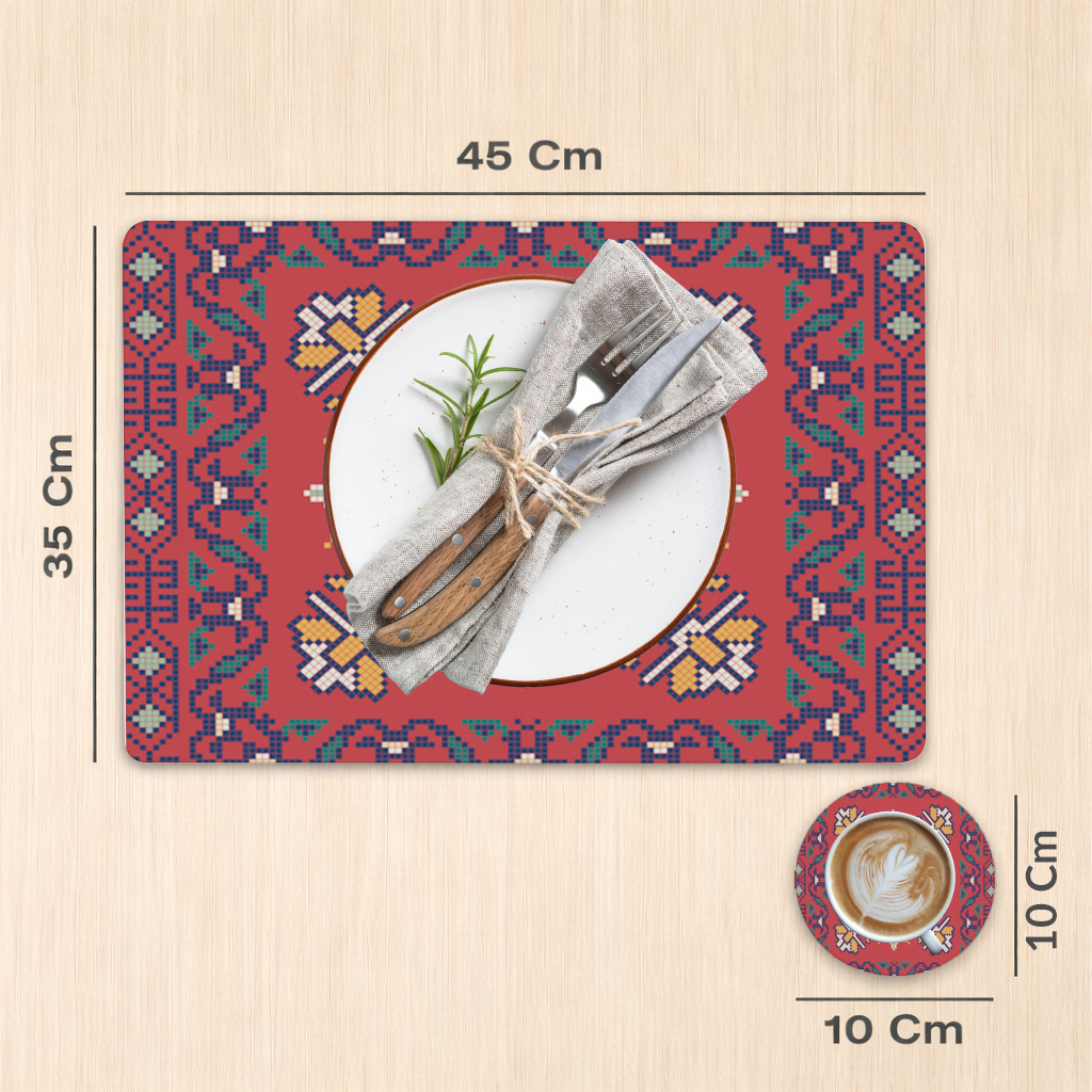 Geleneksel Kilim Motifli Kırmızı Etnik Geometrik Desen Servis Tabağı Altlığı (12 Adet)