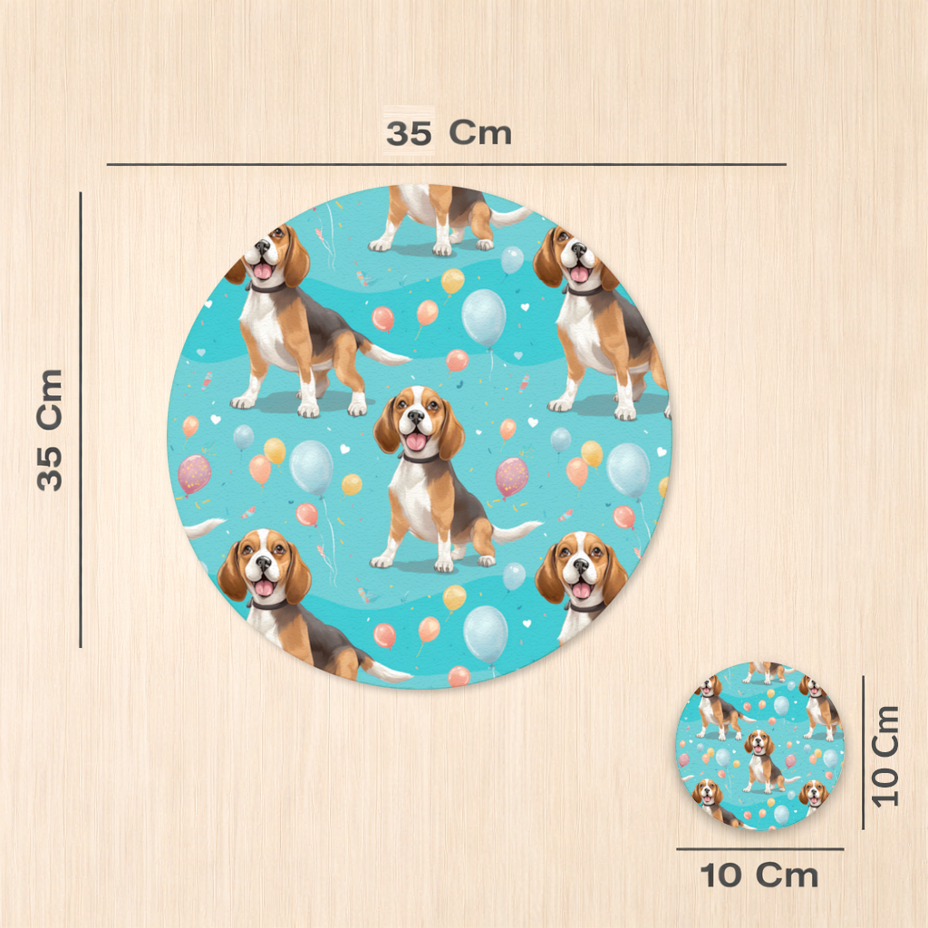 Sevimli Beagle Köpek ve Renkli Balonlar Desenli Tasarım Servis Tabağı Altlığı (12 Adet)