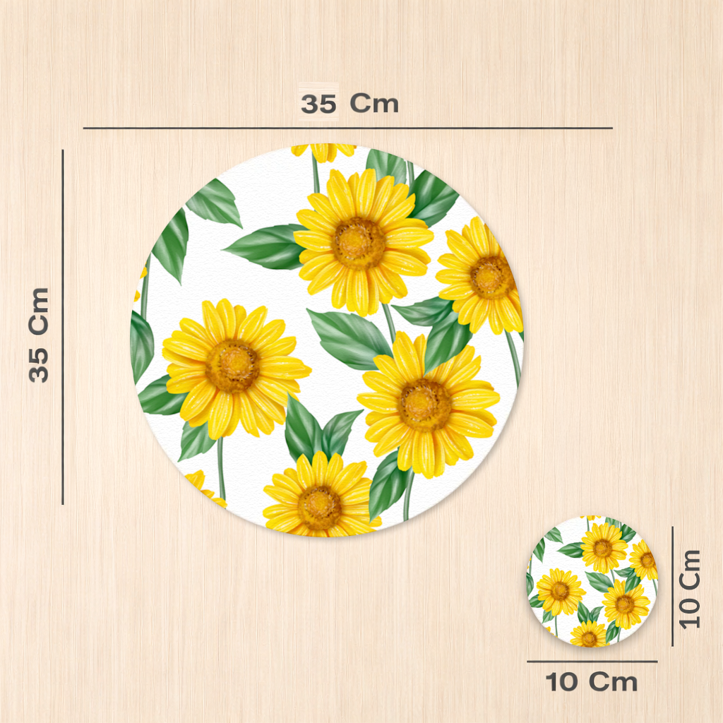 Vibrant Yellow Sunflower and Green Leaf Pattern Illustration Charger Plate Set 12 Pieces