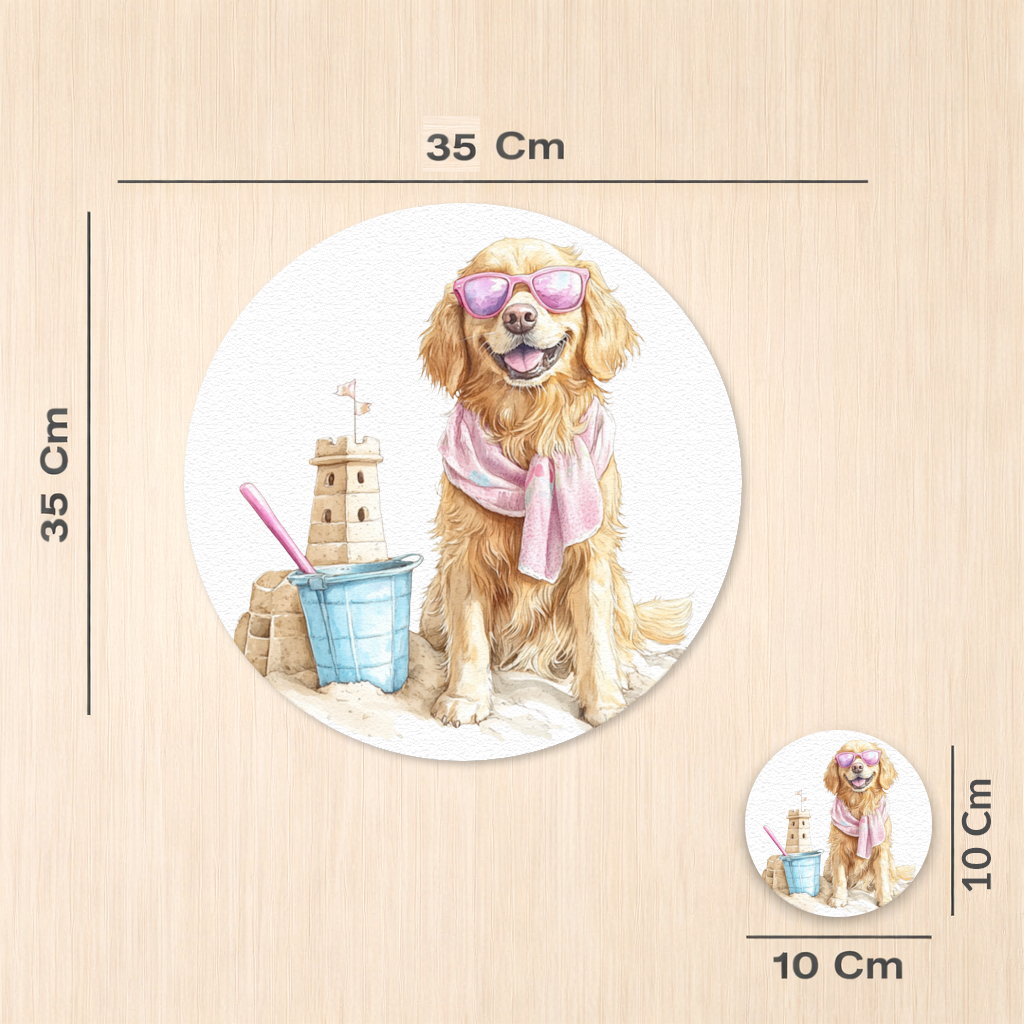 Plajda Pembe Gözlüklü Golden Retriever Servis Tabağı Altlığı (12 Adet)
