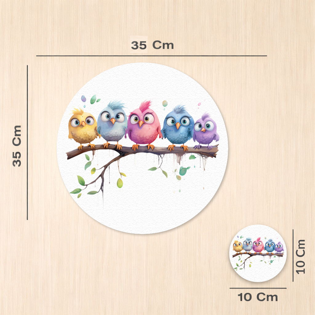 Five Colorful Kawaii Birds on Branch Charger Plate Set 12 Pieces