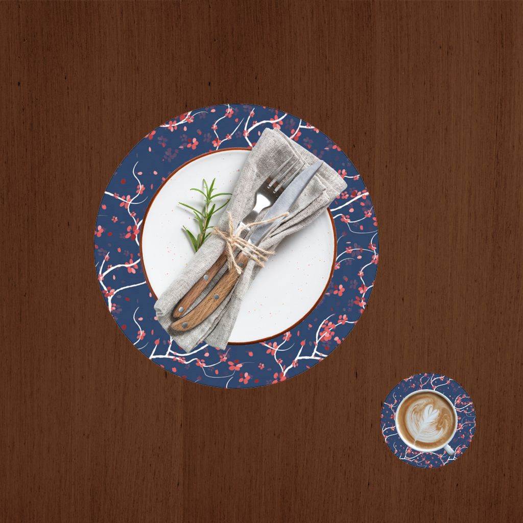 Red Floral Branch Pattern on Navy Background Charger Plate Set 12 Pieces