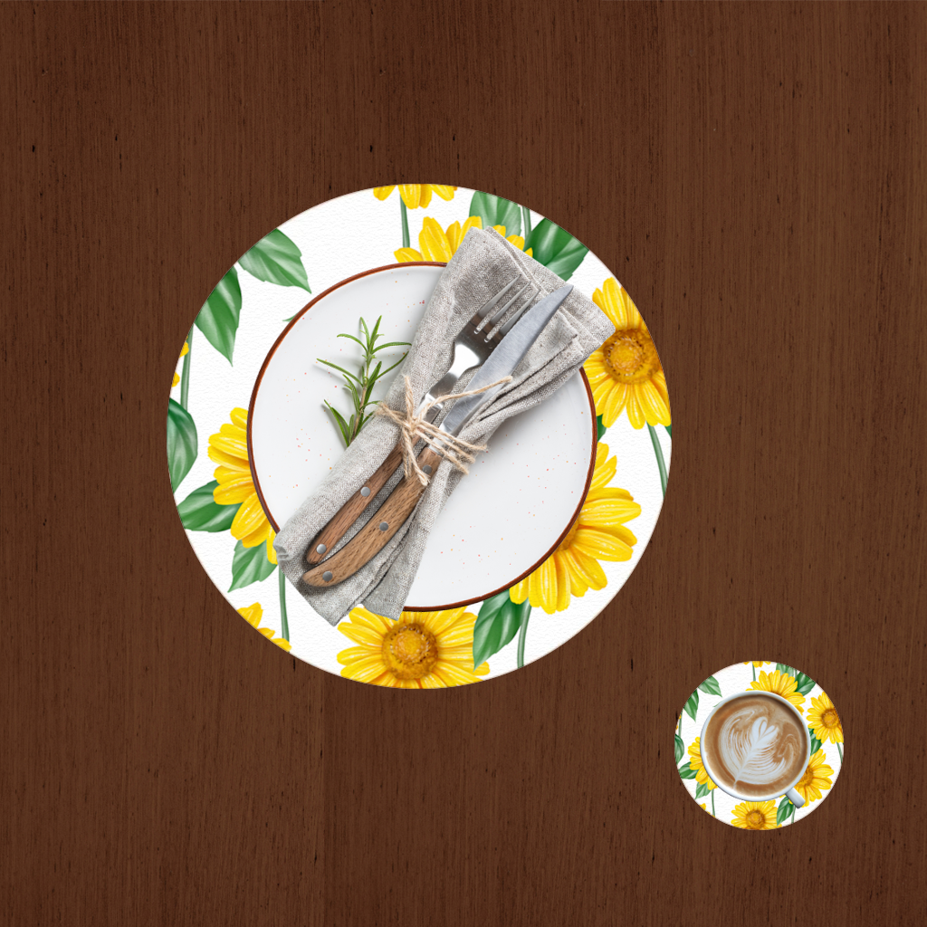 Vibrant Yellow Sunflower and Green Leaf Pattern Illustration Charger Plate Set 12 Pieces