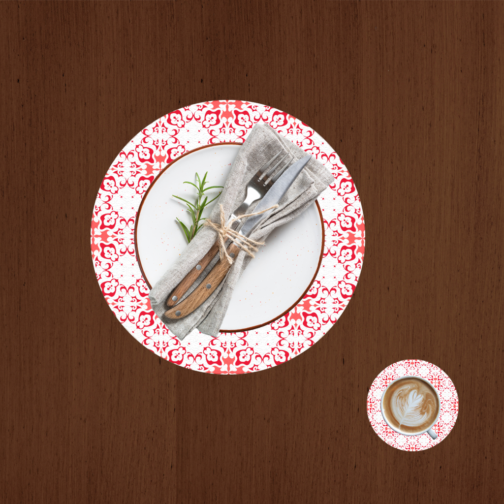 Red and White Traditional Tile Style Pattern Charger Plate Set 12 Pieces