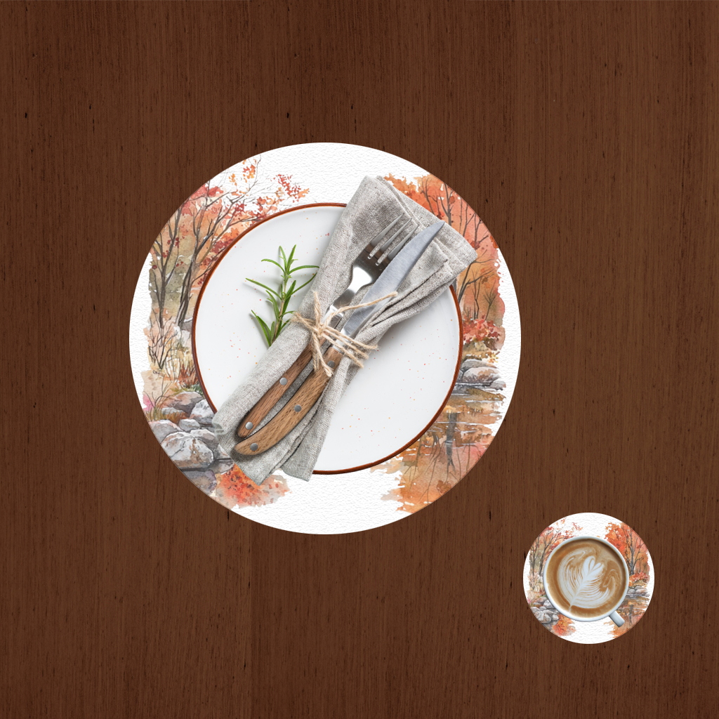 Autumn Stone Arch Bridge Over River Charger Plate Set 12 Pieces