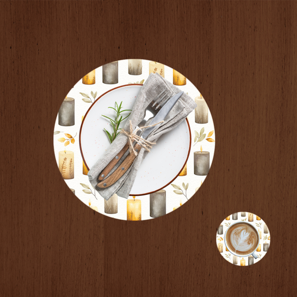 Warm Neutral Autumn Candles and Leaves Charger Plate Set 12 Pieces