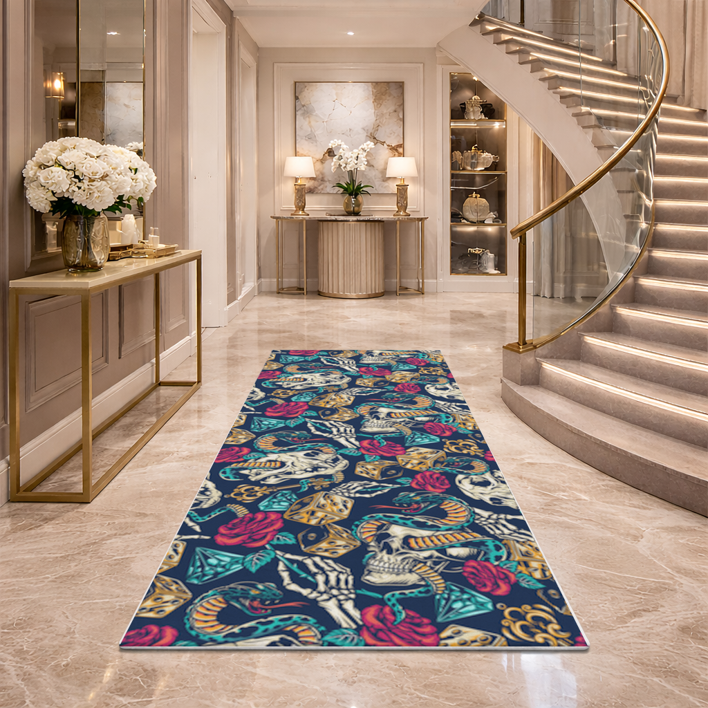 Skull Snake Dice and Roses Pattern Hallway & Entryway Rug
