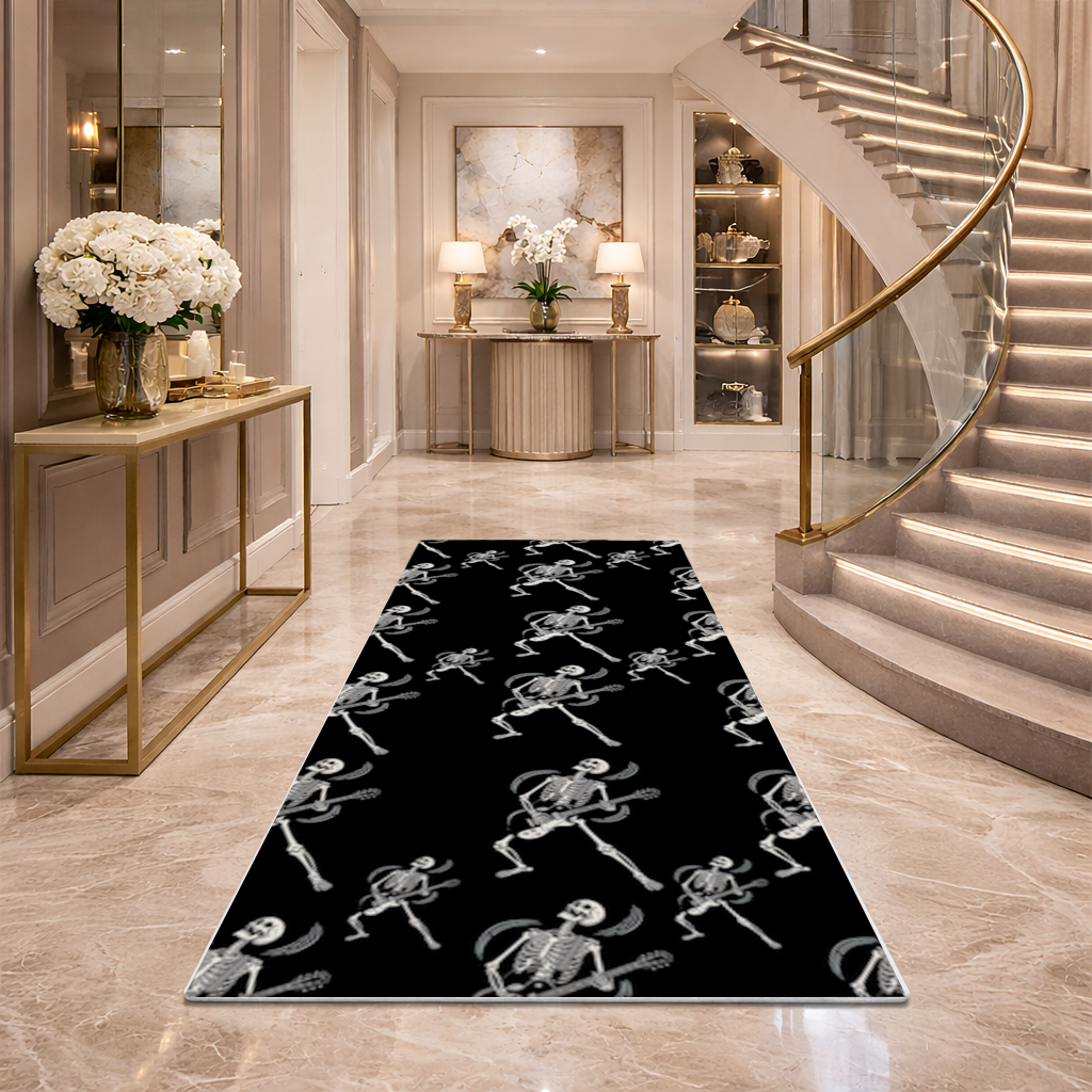 Rock Guitar Playing Skeleton Pattern on Black Hallway & Entryway Rug