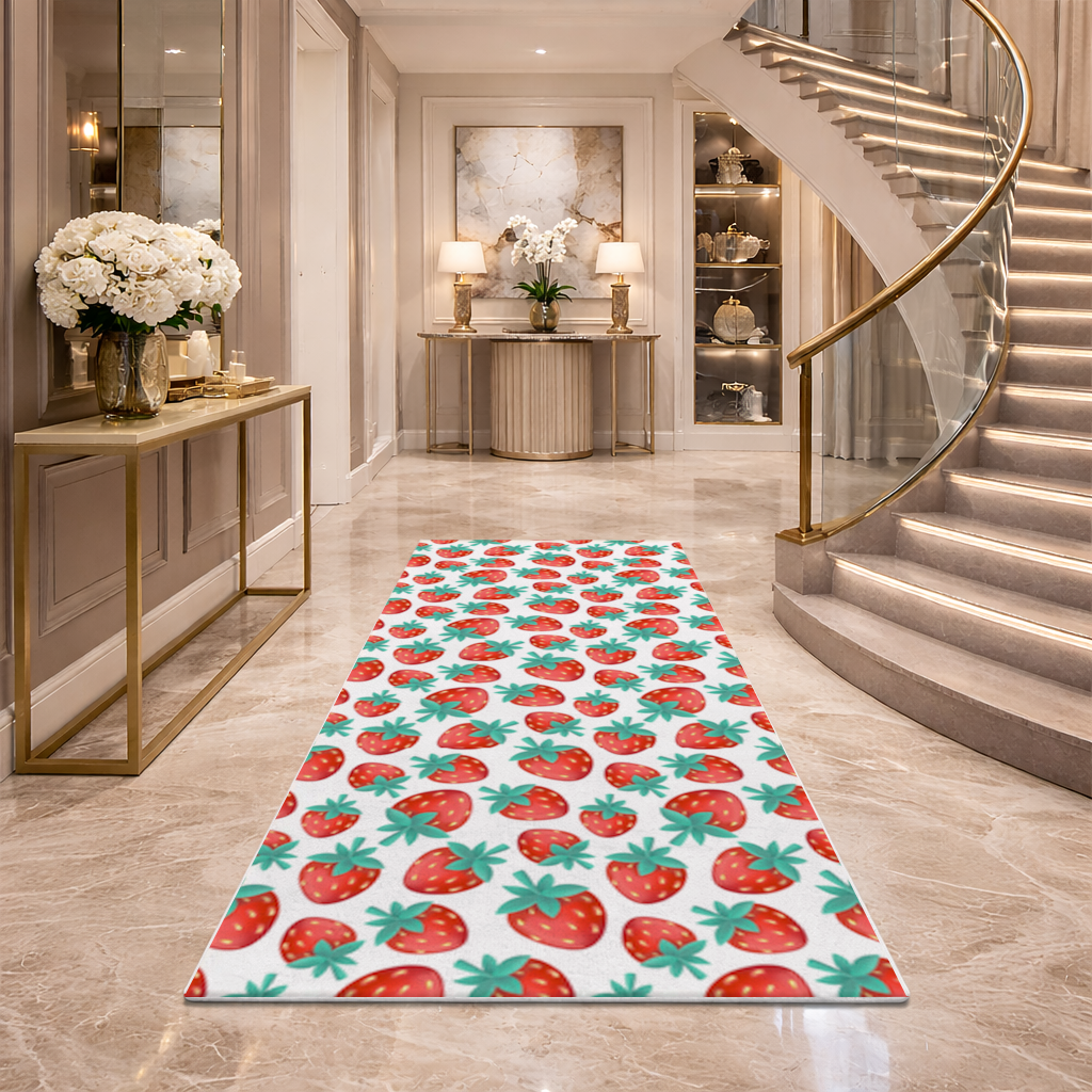 Vibrant Red Strawberry Summer Pattern Hallway & Entryway Rug