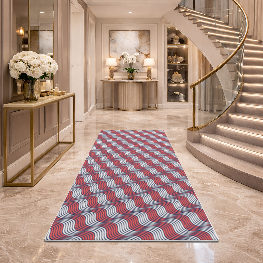 Red and Navy Wavy Line Pattern Hallway & Entryway Rug