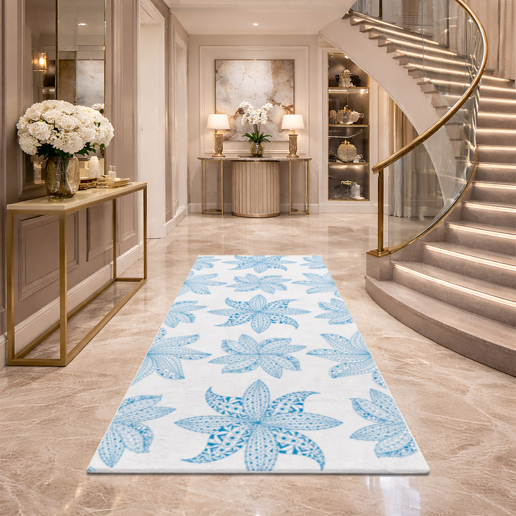 Blue Mandala Floral and Leaf Zentangle Pattern Hallway & Entryway Rug