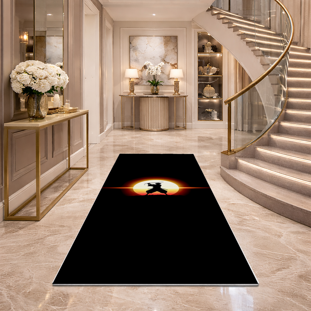 Samurai Silhouette Under the Rising Sun Honor and Strength Hallway & Entryway Rug
